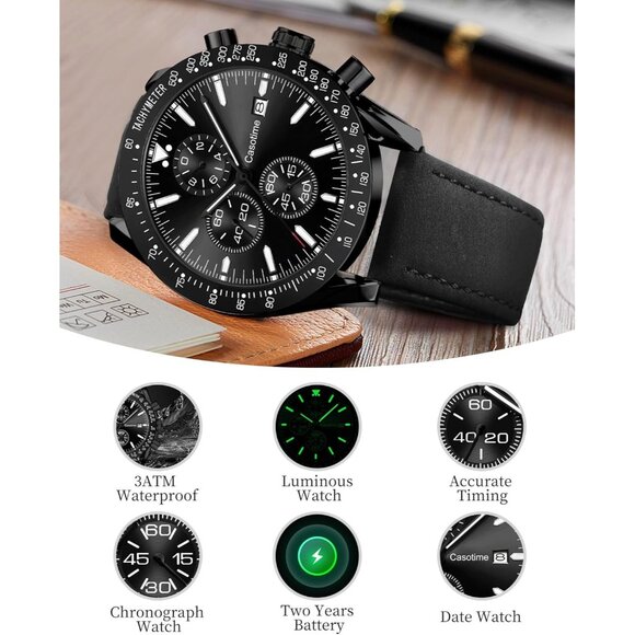 ⚡Men's Leather Watche Chronograph Analog Quartz Date Wrist Watch 30M Waterproof - Picture 4 of 7